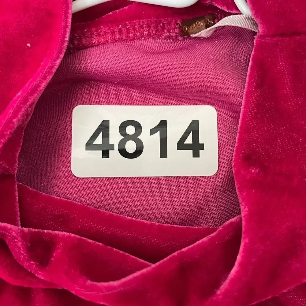 Free People Hot Pink Velvet Puff Sleeve Mock Neck Tee Women Small Luxe Romantic